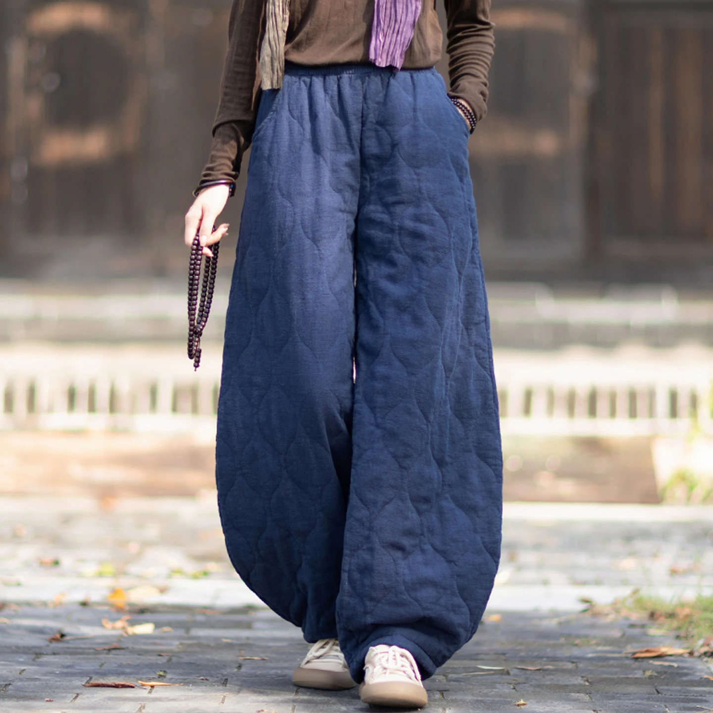 Warme, mit Baumwolle gepolsterte, leichte Damenhose mit hoher Taille, Herbst-Winter-Outdoor-Bekleidung, Baumwoll-Leinen-Mischung, bequeme Passform