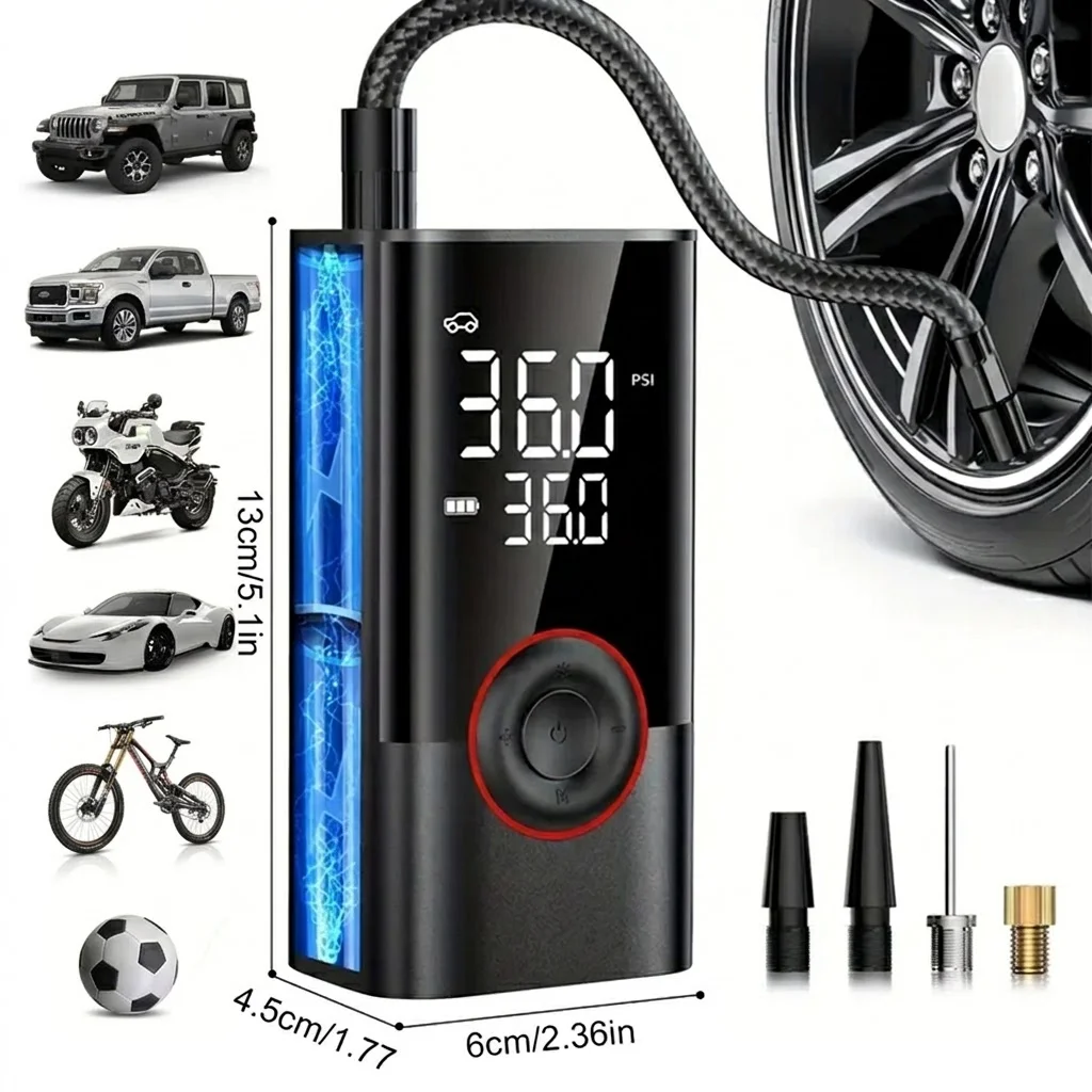 LEIBOO Compresor de Aire Portátil de 150 PSI, Bomba de Aire Inalámbrica, Inflador de Neumáticos Eléctrico, Manómetro Digital, para Coche, Bicicleta, Motocicleta y Balones