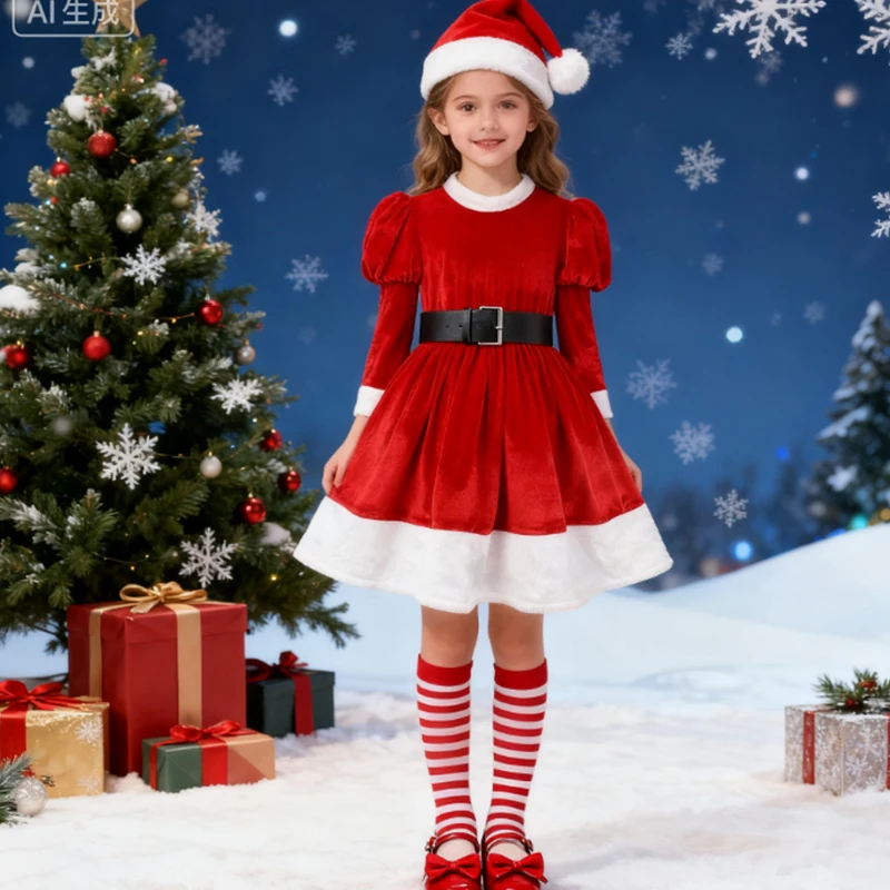 Christmas Dress For Girls Santa Claus Fluffy Red Long Sleeve Kids Santa Cosplay Xmas Costume Holiday Party Performace Outfits