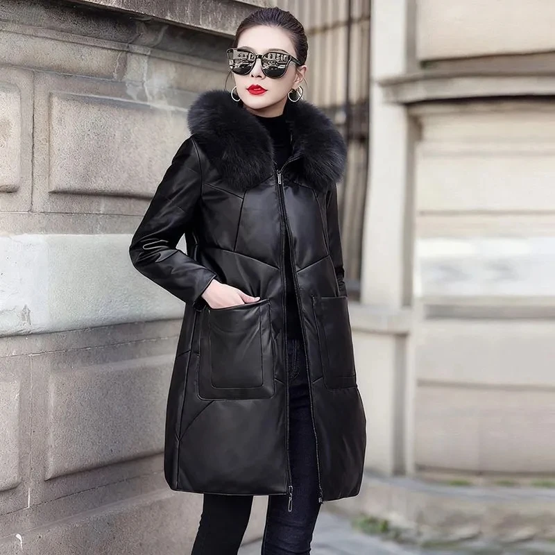 Chaqueta larga holgada de algodón de cuero suave para mujer, chaqueta acolchada de Color de piel a la moda coreana, Parkas de cuero PU de talla grande