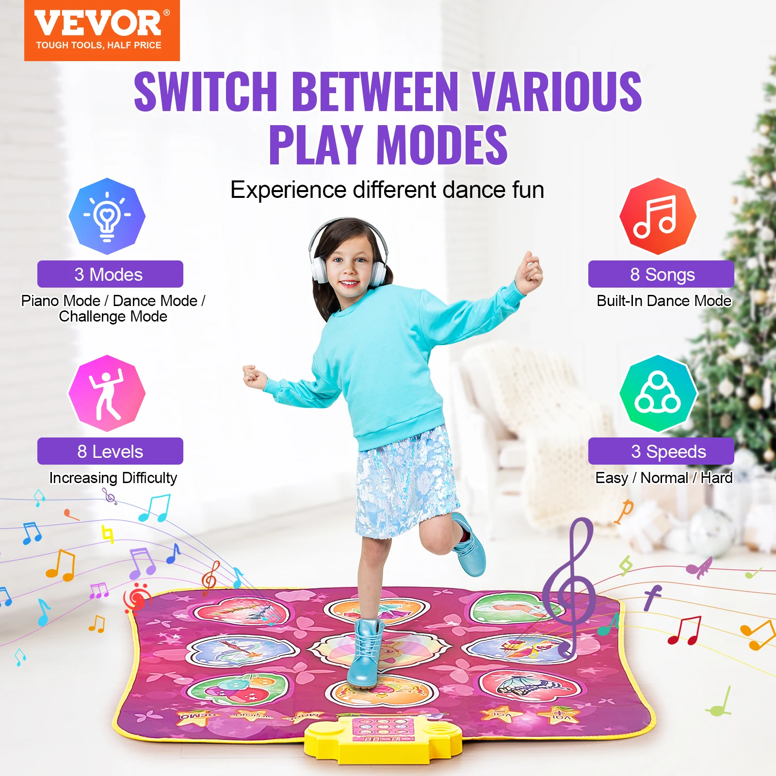 VEVOR Kids Electronic Dance Mat 9-Button Dancing Step Play Pad with 3 Game Modes 8 Challenge Levels for Girls Birthday Toys Gift