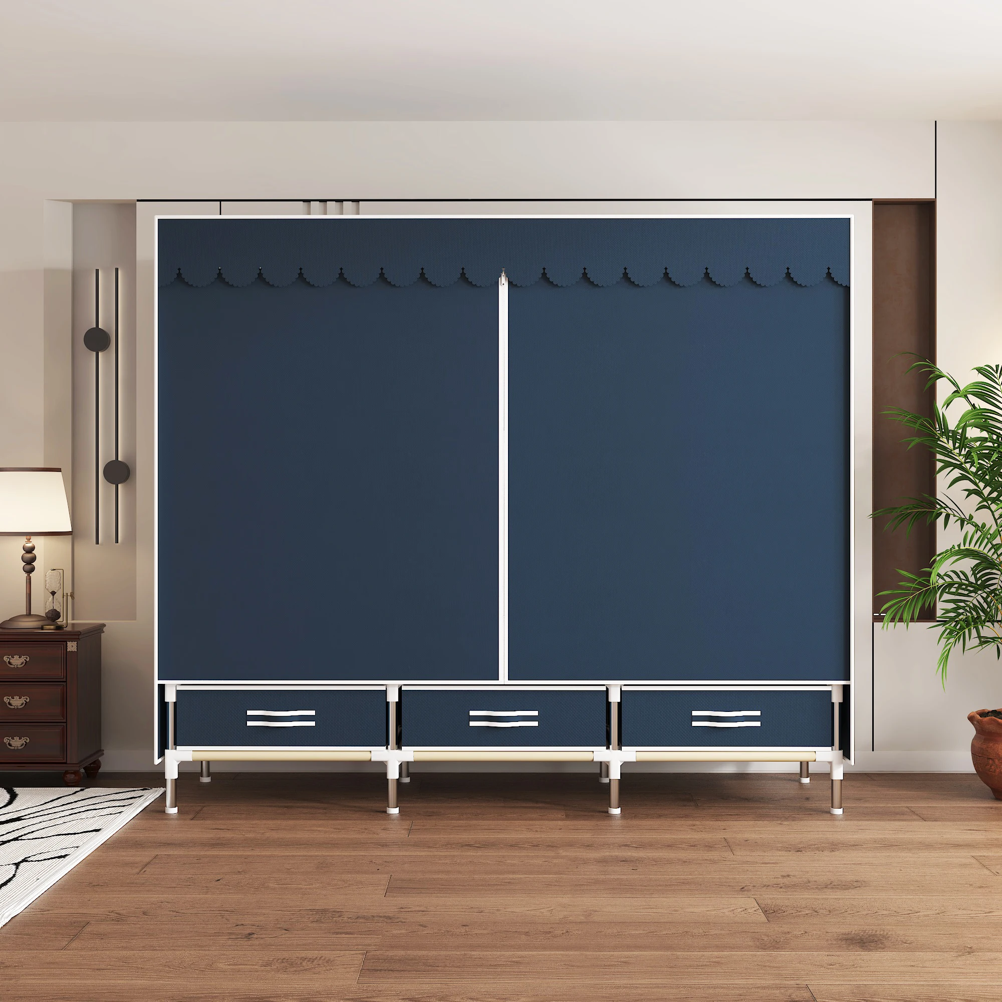 خزانة ملابس محمولة بإطار فولاذي وغطاء غبار من القماش غير المنسوج - تتضمن حجرة تخزين وأدراج لغرفة النوم