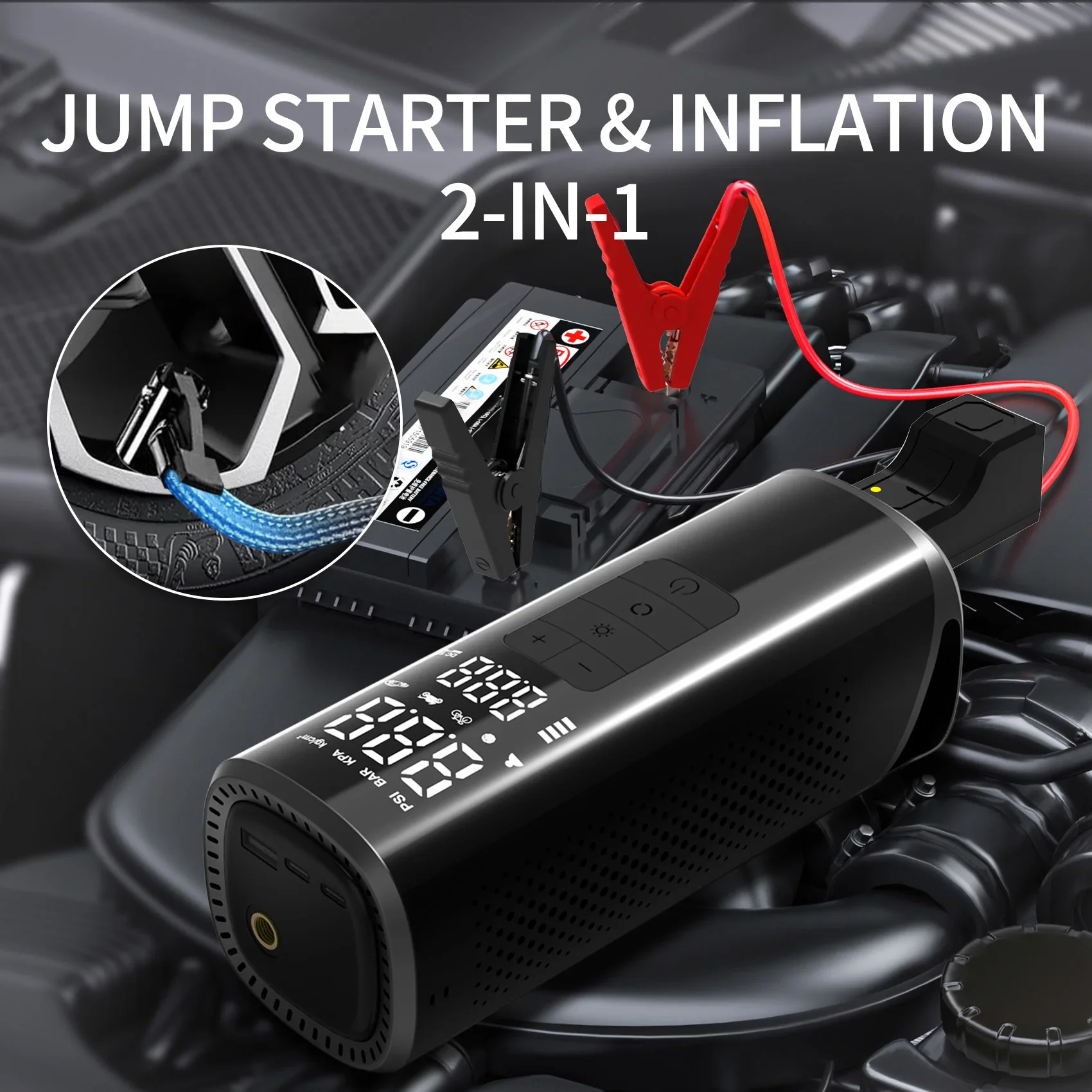6000mAh Strong Core 2 in 1 Car Jump Starter Tire Inflator Dead Battery Booster Digital Display Emergency Air Pump Rescue Tool