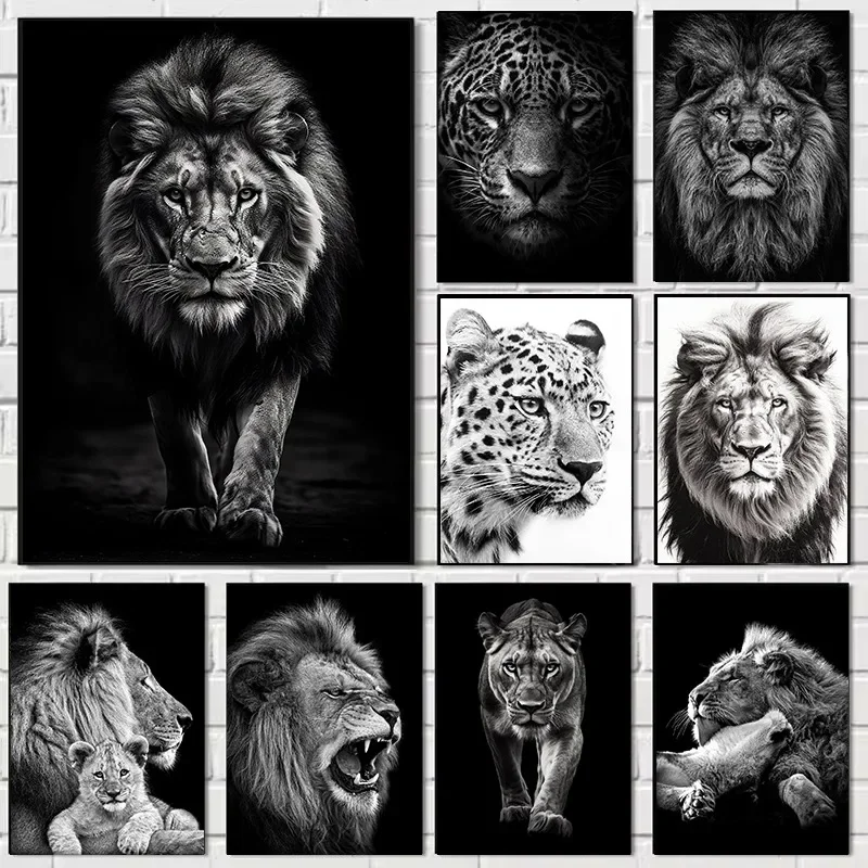 Multiple sizes 1pc frameless Canvas Painting,Luxury Jaguar Lion Leopard Face Black and White Safari Animals Aesthetic Poster Can
