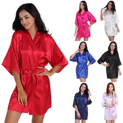 Sexy Women Silk Satin Short Night Robe Solid Color Satin Kimono Robe Sleepwear Nightgown Dress Bathrobe Silk Bridesmaid Robes