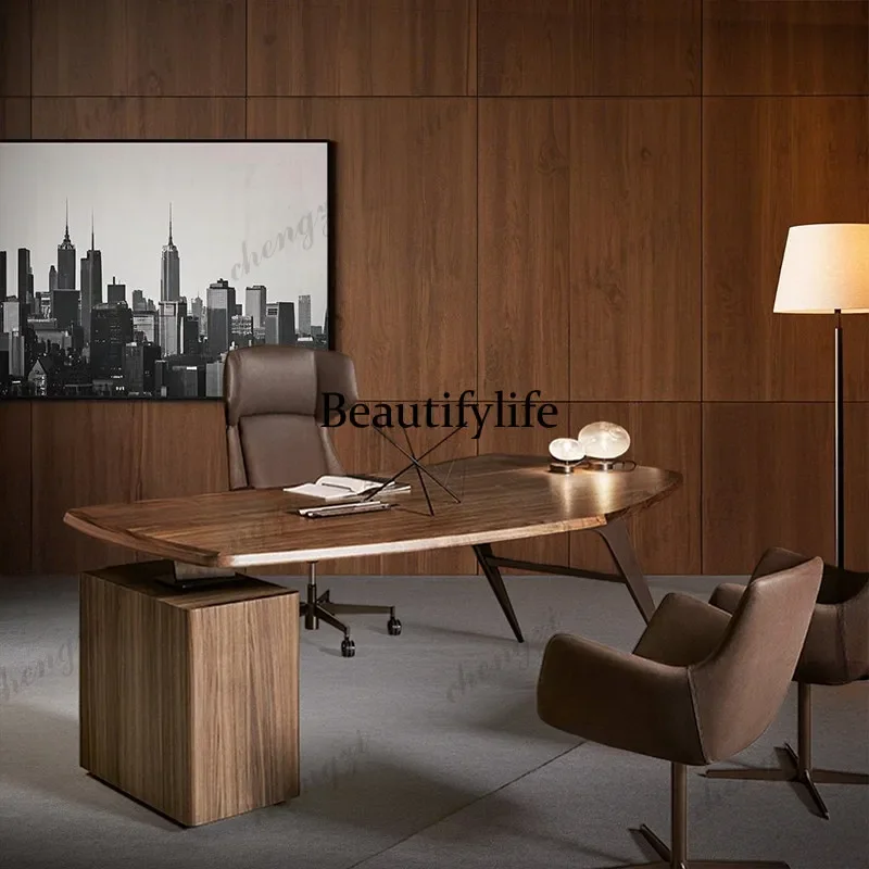 

Hot sales Italian light luxury solid wood luxury boss table study writing desk minimalist walnut color desk