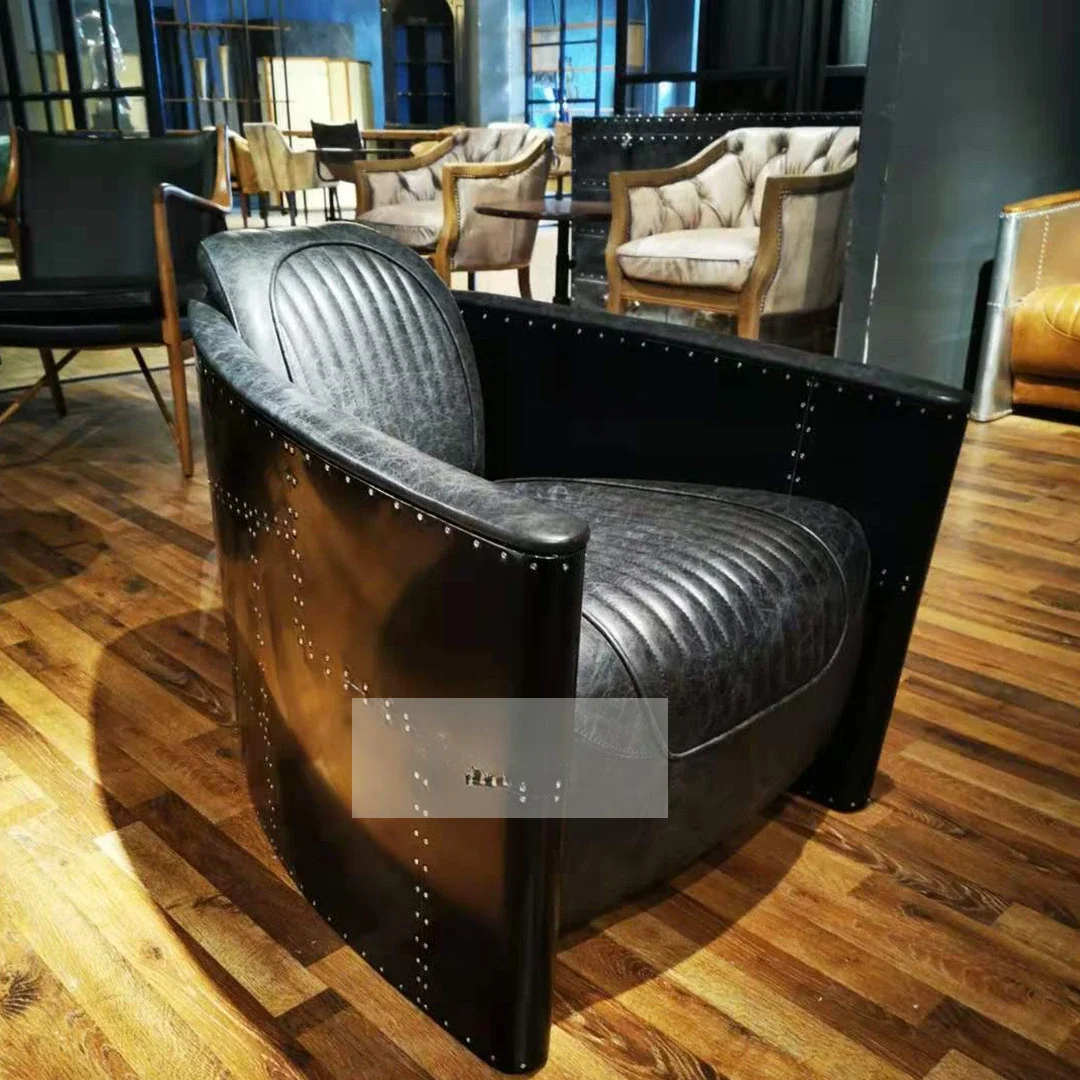 Black Leather Sofa Chair Leather Metal Aluminum Leather Armrest Club Cafe Seat Sofa