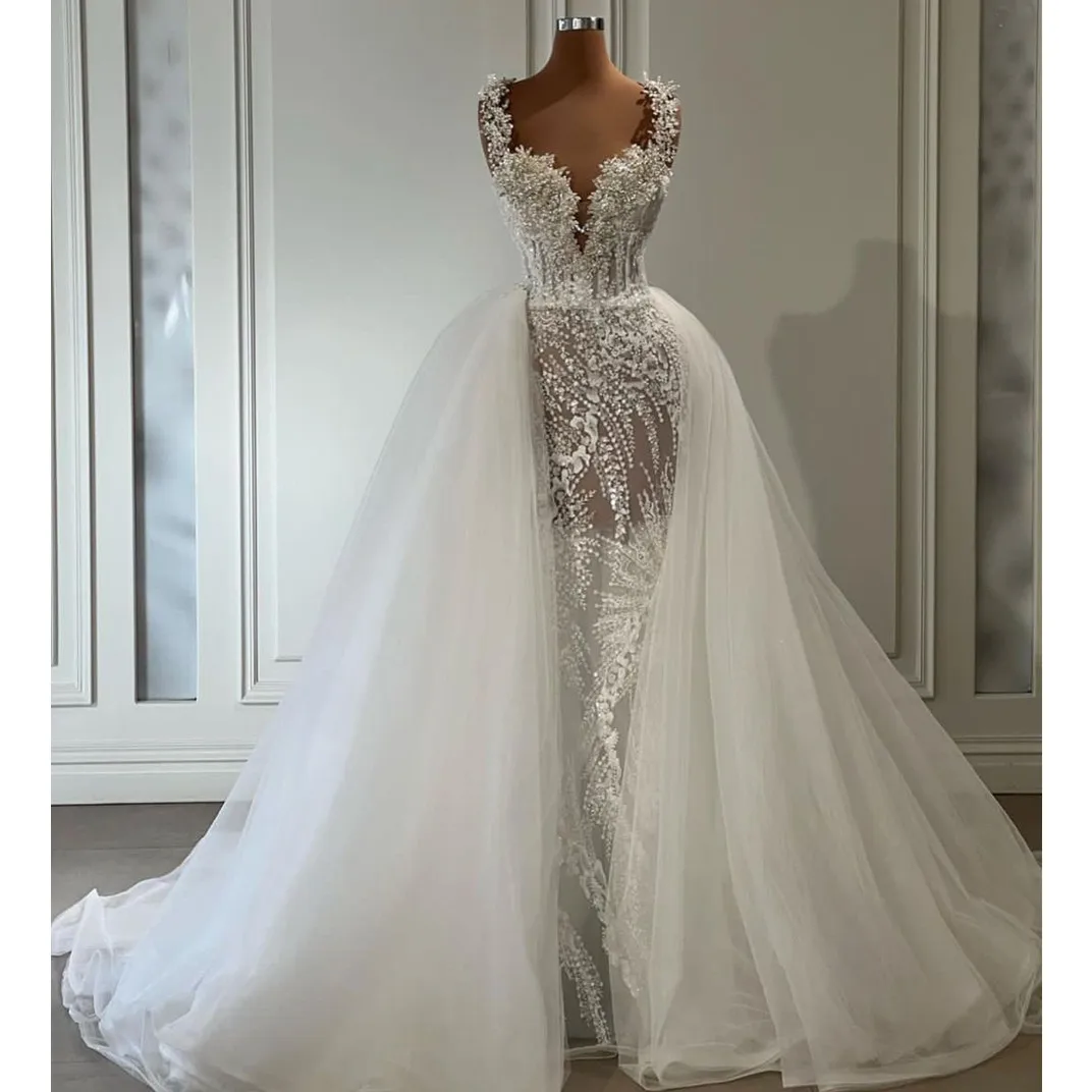 Squisiti abiti da sposa a sirena senza maniche con scollo a V cinghie paillettes Appliques pizzo staccabile treno abiti da sposa Vestina De Novia