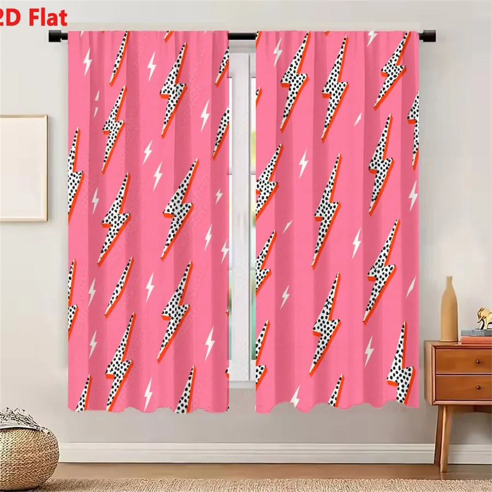 2Pcs Curtains 2D Flat Lightning Bolt Pattern On Bright Pink Background Dynamic Playful Design With Varying Sizes White Larger Wi