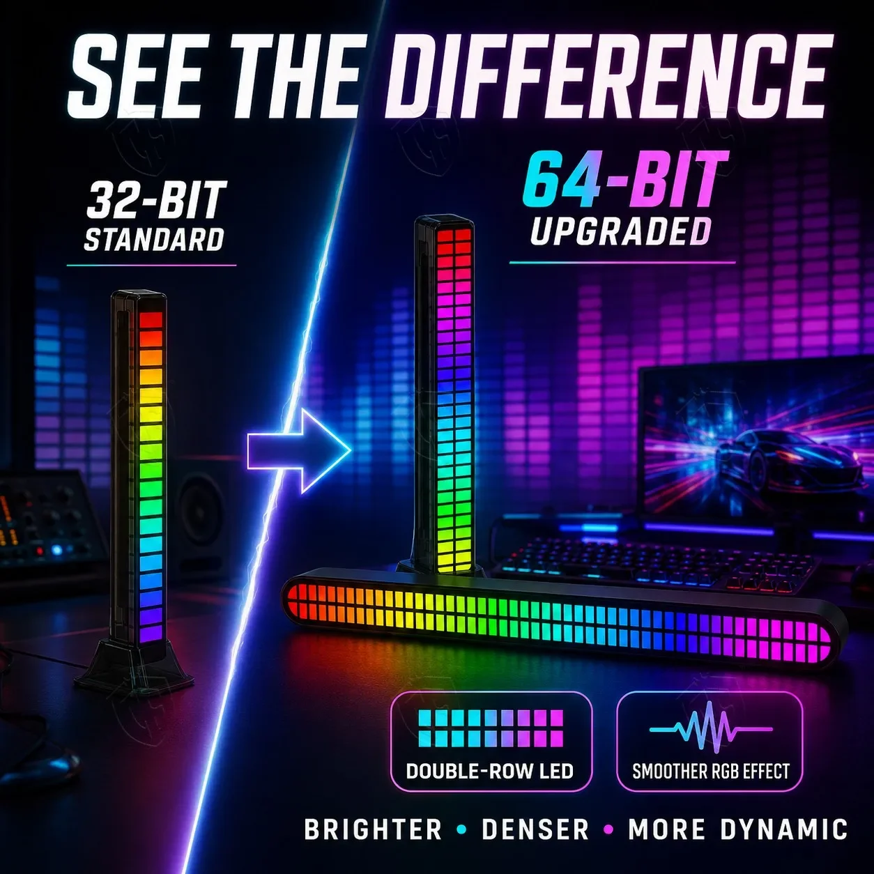 64 LED RGB Music Rhythm Light Bar Sound Activated Pickup Sync Car Interior Ambient Lighting for Drivers Gamers and Party Lovers