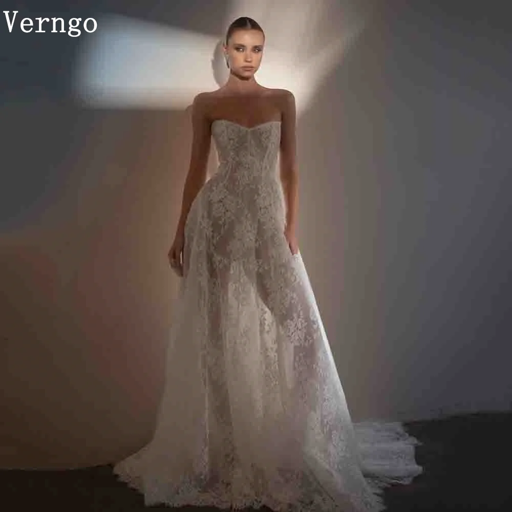 

Verngo Lace A Line Wedding Dress strapless Illusion Modern Bridal Gowns Women Sweap Train Bride Dress Customized