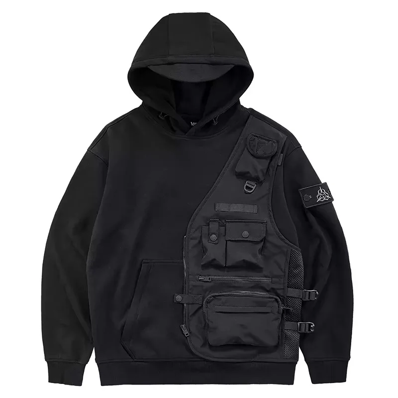 Mcikkny Men Black Cargo Techwear Sweatshirts Oversized Patchwork Vest Streetwear Pullover Hoodies