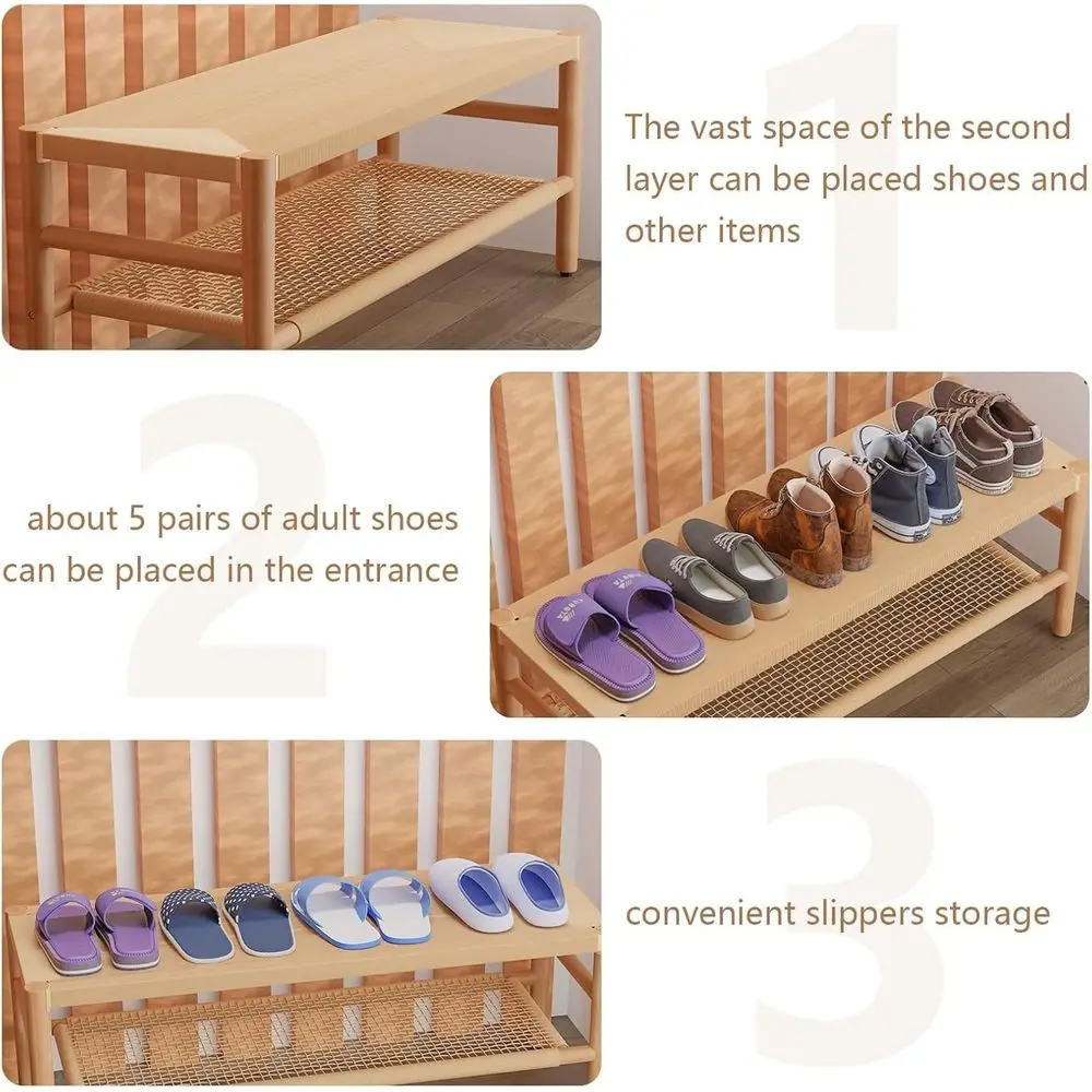 مقعد تخزين الأحذية من الروطان الطبيعي 38.5 بطبقتين مع أرجل من الخشب الصلب، أثاث أنيق للمدخل للمنزل