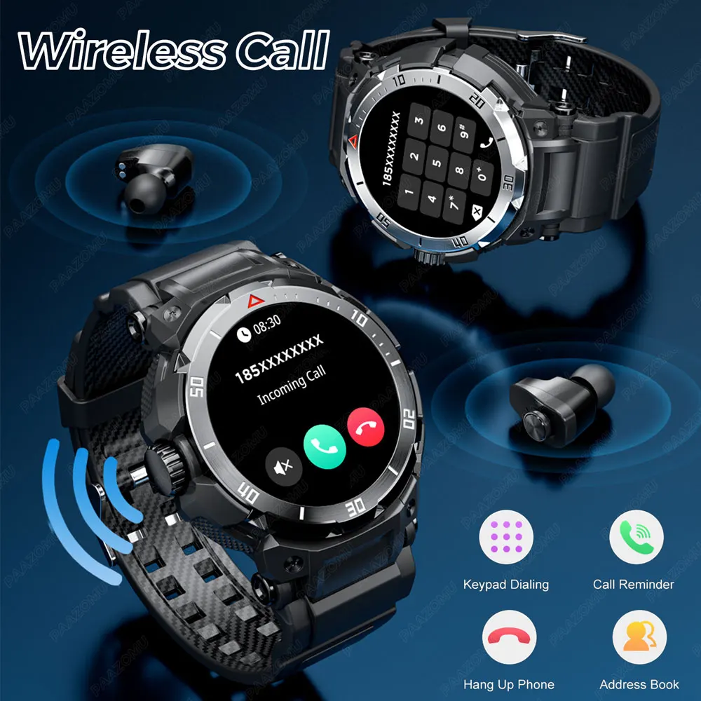 New 3 in 1 Smart Watch for Men With TWS Headset Rugged Military Bluetooth Call Fitness Tracker IP67 Waterproof  for Android iOS