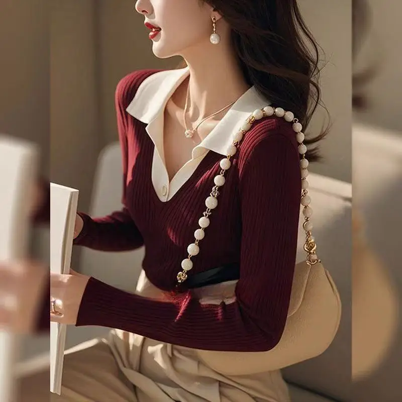 2025 New Casual Vintage Polo Collar Long Sleeve Knitted Sweater Tops for Slimming Women's Wear Early Autumn Winter Wine Red