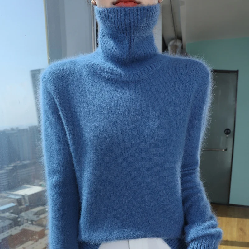 Women's High Collar 100% Mink Cashmere Sweater Autumn/Winter Long Sleeves Knit Pullover Loose Bottom Fashion Basic Top 9 Colors