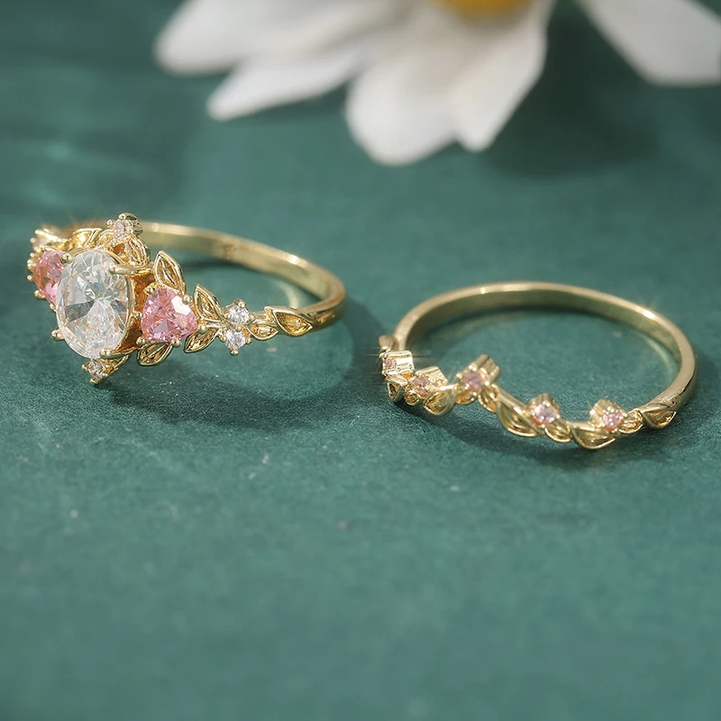 2-teiliges Retro-elegantes rosafarbenes synthetisches Zirkon-Ring, Verlobungsantragsgeschenk für Damen, Schmuck – Detail 5