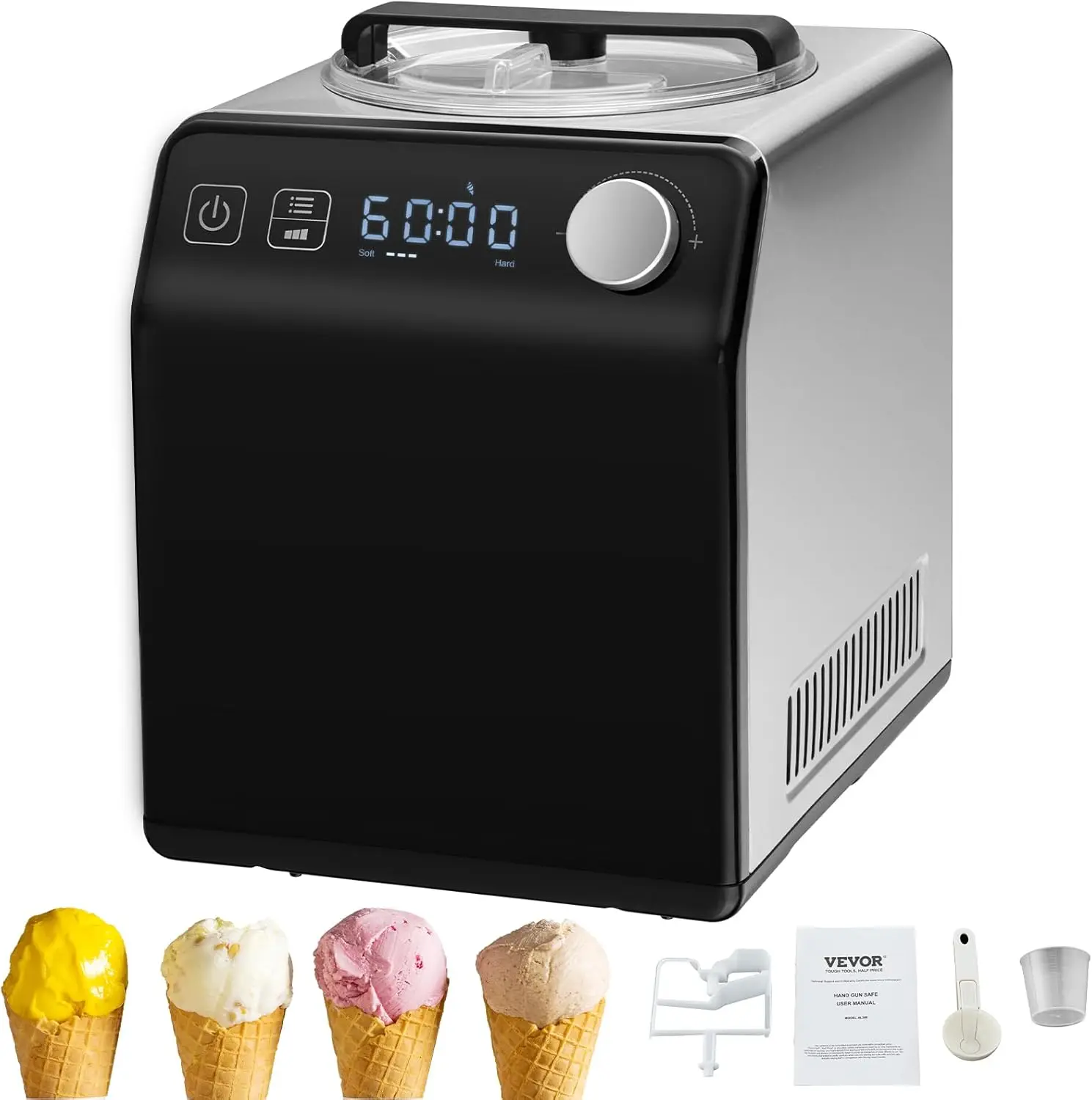 Automatic Ice Cream Maker with Built-in Compressor, 2 Quart No Pre-freezing Fruit Yogurt Machine, Stainless Steel