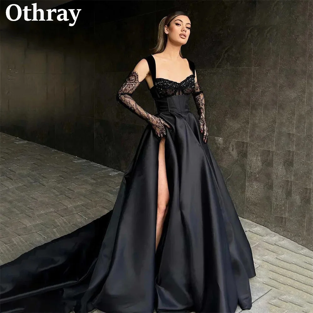 Suknie wieczorowe Othray z czarnego satyny, koronkowe, zdobione koralikami, seksowne, z wysokim rozcięciem, długie suknie balowe, suknia na Met Gala, Vestido De Noche