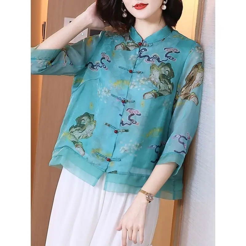 Chiffon Top for Women in Summer Chinese Style Tang Suit New Style Stand Collar and Quarter Sleeve Retro Printed Top