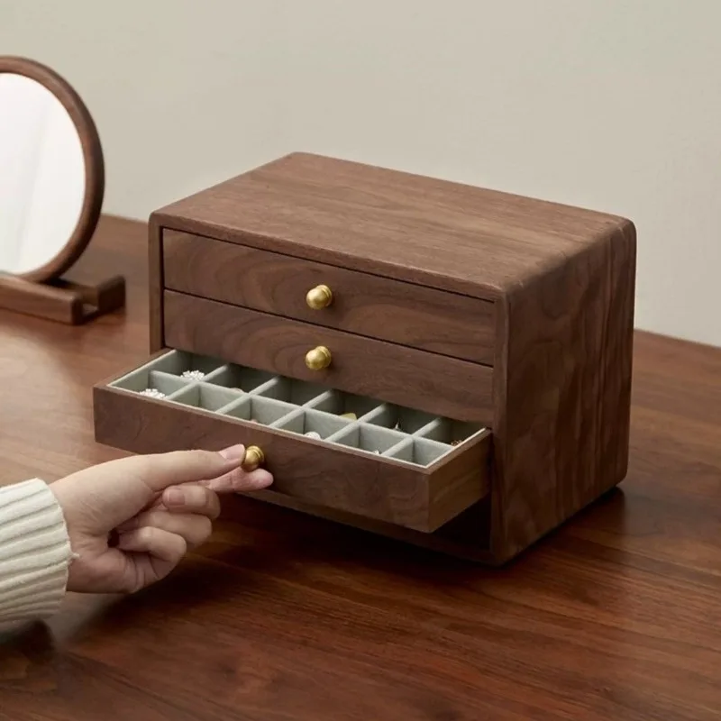 Solid Wood Jewelry Storage Box with Drawer Large Capacity Necklace Storage Case Multi-layer Ring Container Walnut Bracelet Boxes