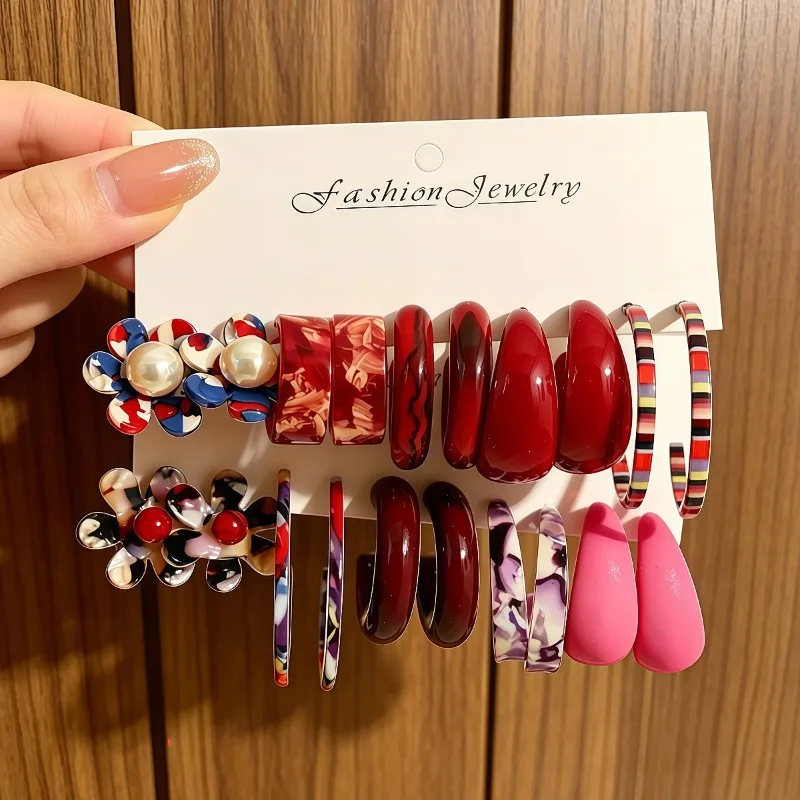 Vintage Resin Flower C-Shape Earring Set - Colorful Geometric Hoop Earrings for Women Trendy Daily Wear