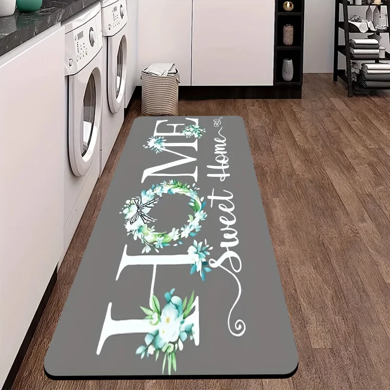 Home Sweet Home Floral Wreath Print Diatomaceous Earth Kitchen Mat, Non-Slip Oil-Proof Waterproof Stain Resistant Long Floor Rug