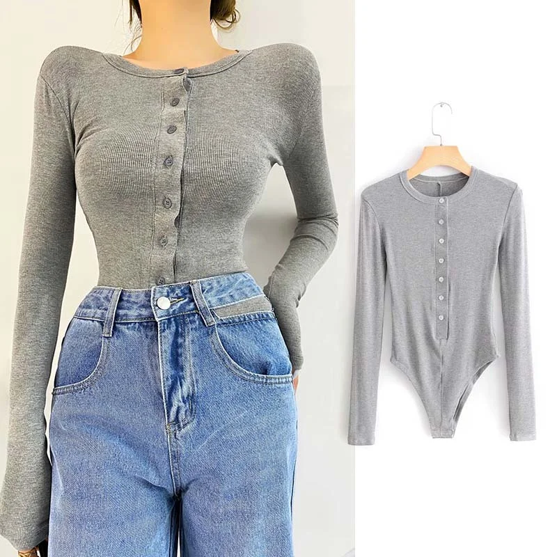 

Sexy Spicy Girl Sle Button round Ne Long Sve Base irt Slimming Overall T-irt Women's Autumn High Waist ort Pants