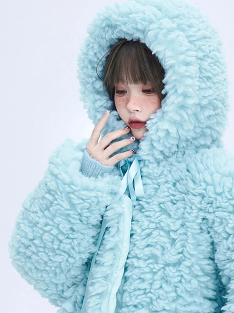 Lautaro Winter Long Oversized Casual Thick Warm Blue Thick Warm Fuzzy Fluffy Faux Fur Coat Women with Hood Zipper Fashion 2023