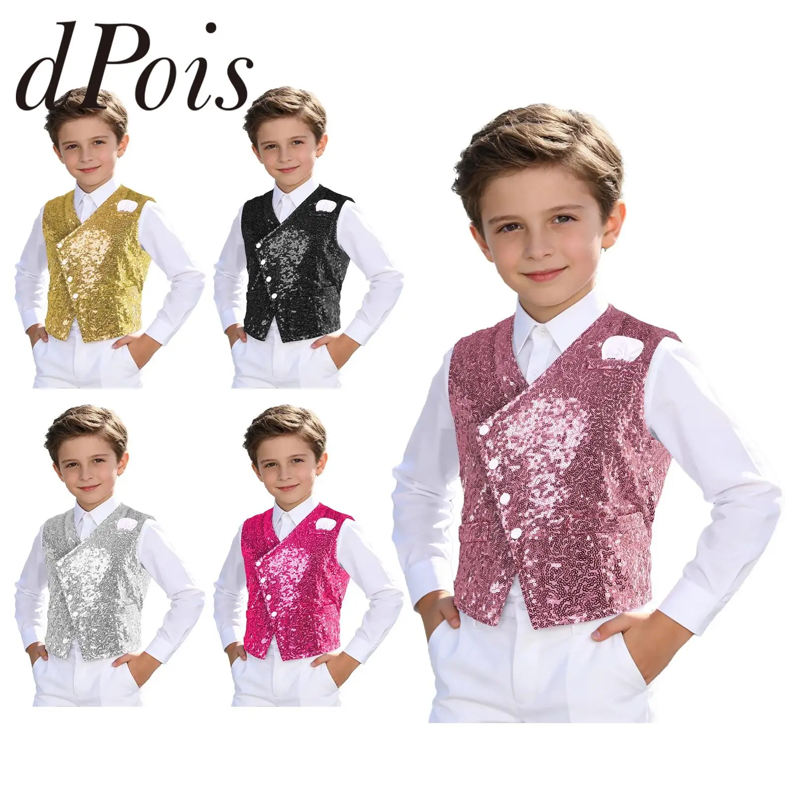 

Children's Prom Dance Costume 4-14 Tank Top Vests Kids Boys Sequin Waistcoat Fashion Button-down Vest for Disco Party Dancewear
