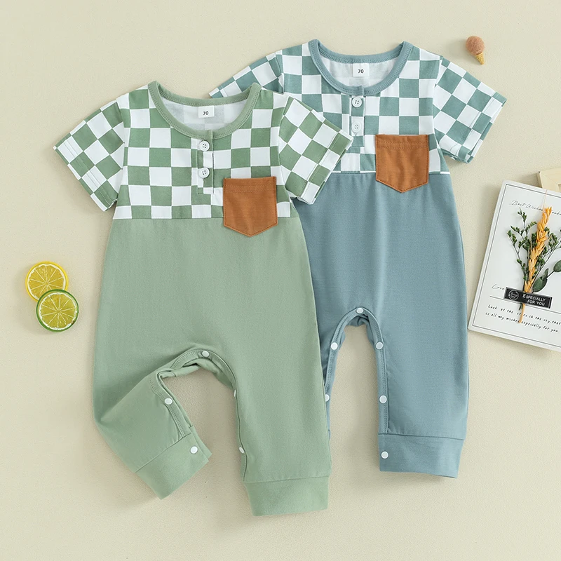 

Lioraitiin 0-18M Baby Boys Summer Romper Infant Short Sleeve Crew Neck Checkerboard Print Casual Jumpsuit