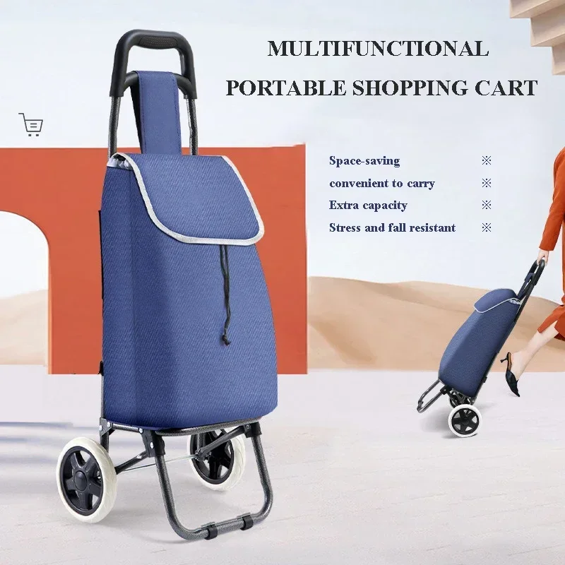 Foldable Portable Shopping Cart with Wheels Oxford Cloth Waterproof Fabric Storage Bag Trolley Home Grocery Pull Dolly 쇼핑카트