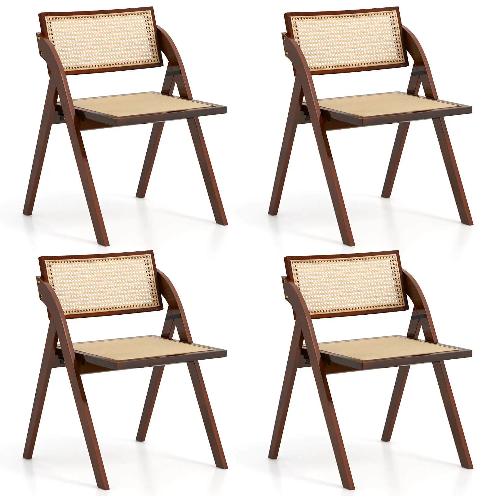 Foldable Dining Chairs Set of 4 w/Woven Rattan Backrest & Seat Rubber Wood Frame