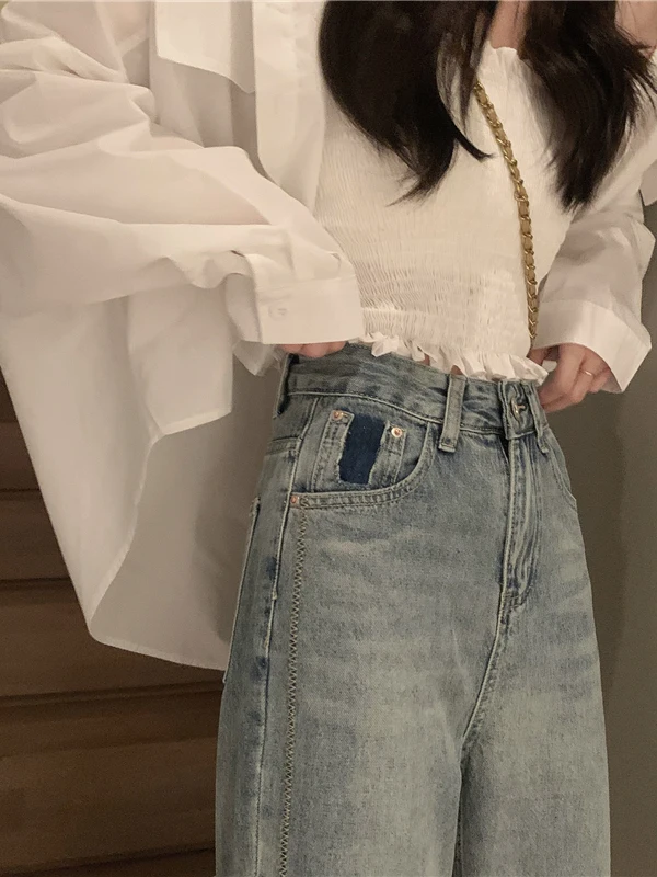 

Синие свободные широкие брюки с высокой талией, женские модные дизайнерские универсальные прямые джинсы с боковыми манжетами в стиле ретро, высокая талия