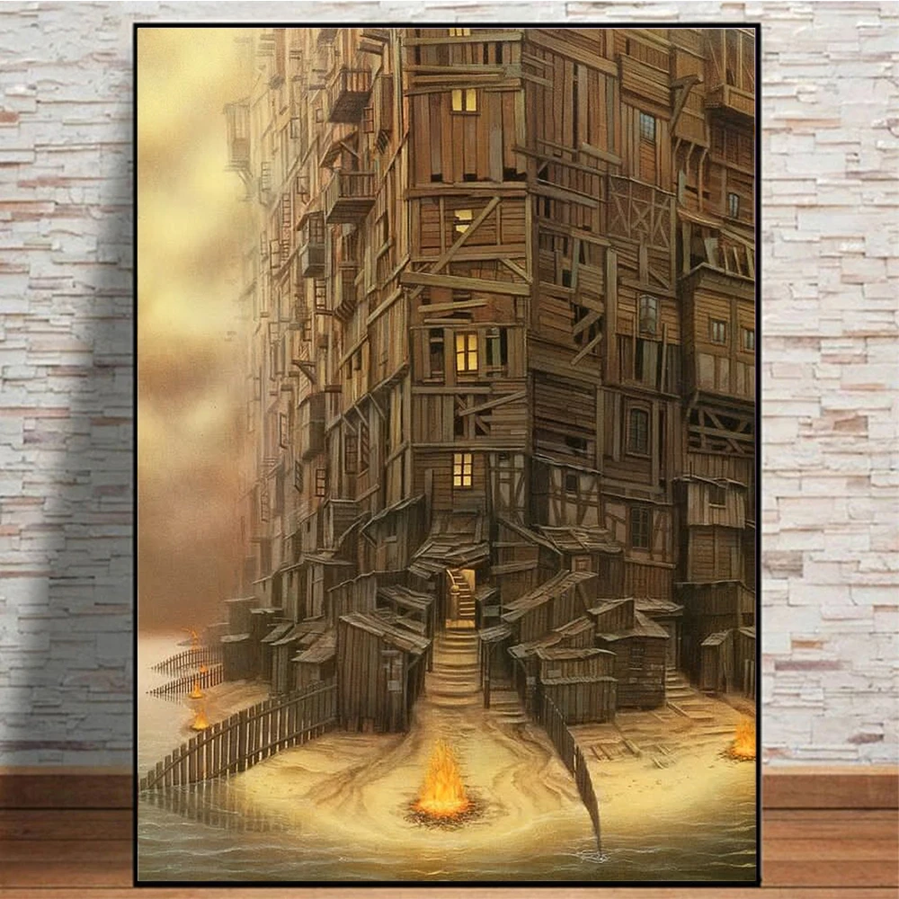 Surrealism Canvas Painting Abstract Posters And Prints Surreal Wall Decor Picture Gold Board Building For Living Room Decoration