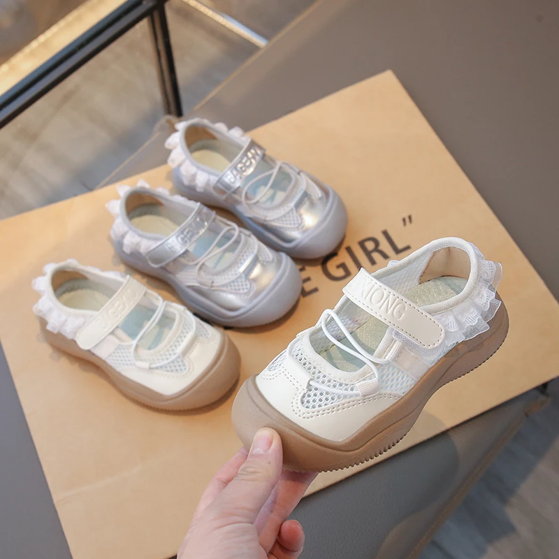2026 Toddler Girls Breathable Mesh Casual Shoes Lace Trim Anti-Collision Non-Slip Soft Sole for Daily School Outdoor Play Wear