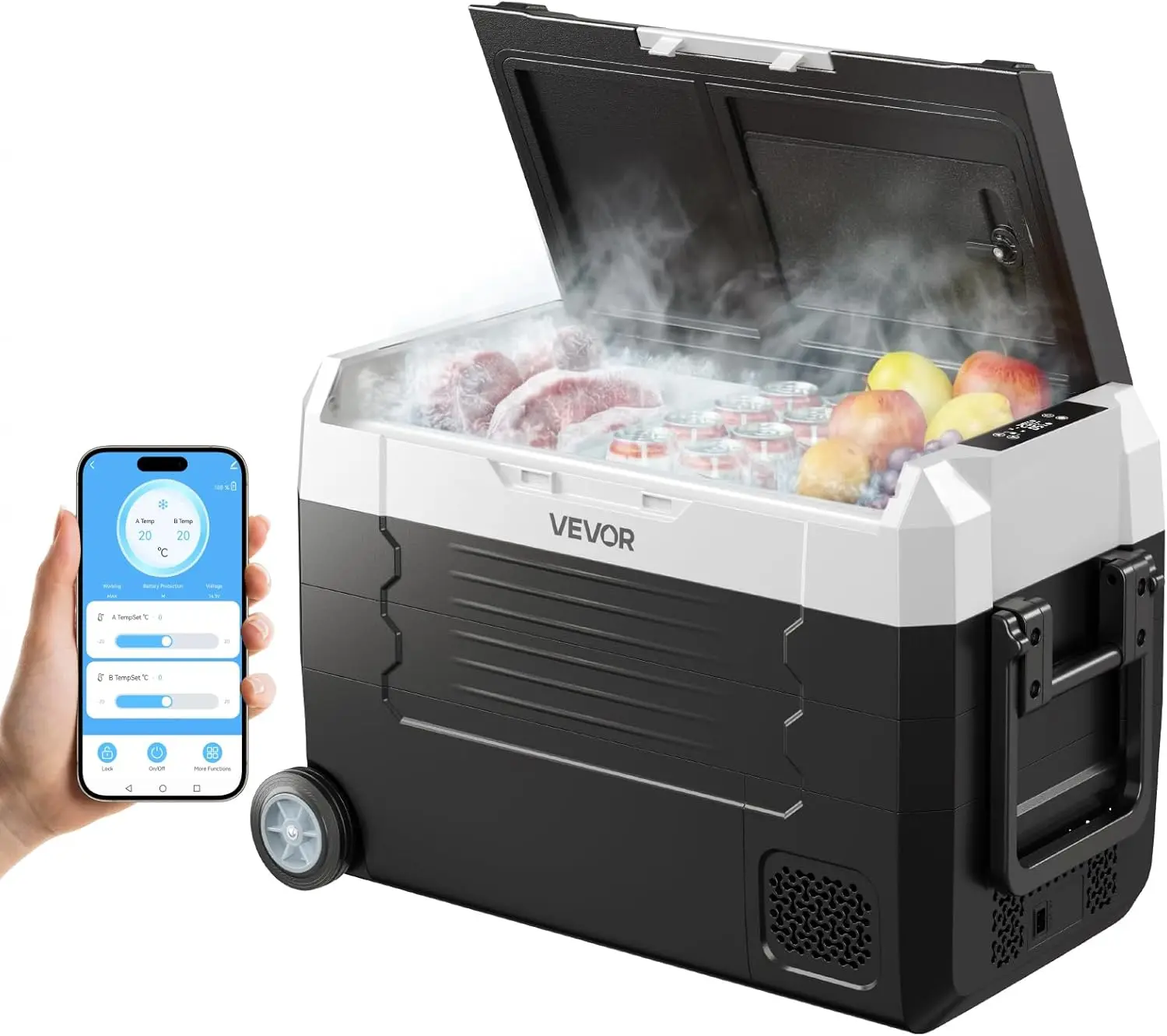 

Car Refrigerator, DC 12/24V AC100-240V Compressor Electric Cooler, -4°F to 68°F Truck Refrigerator with APP Control, Wheels & Du