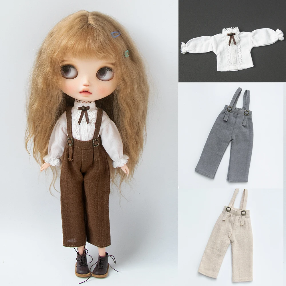 Blyth Clothes Fashion Lace Bow Long Sleeve Shirt Overalls Pants Set for Ymy Licca Azones Ob22 24 27 Ker YMY Doll Accessories