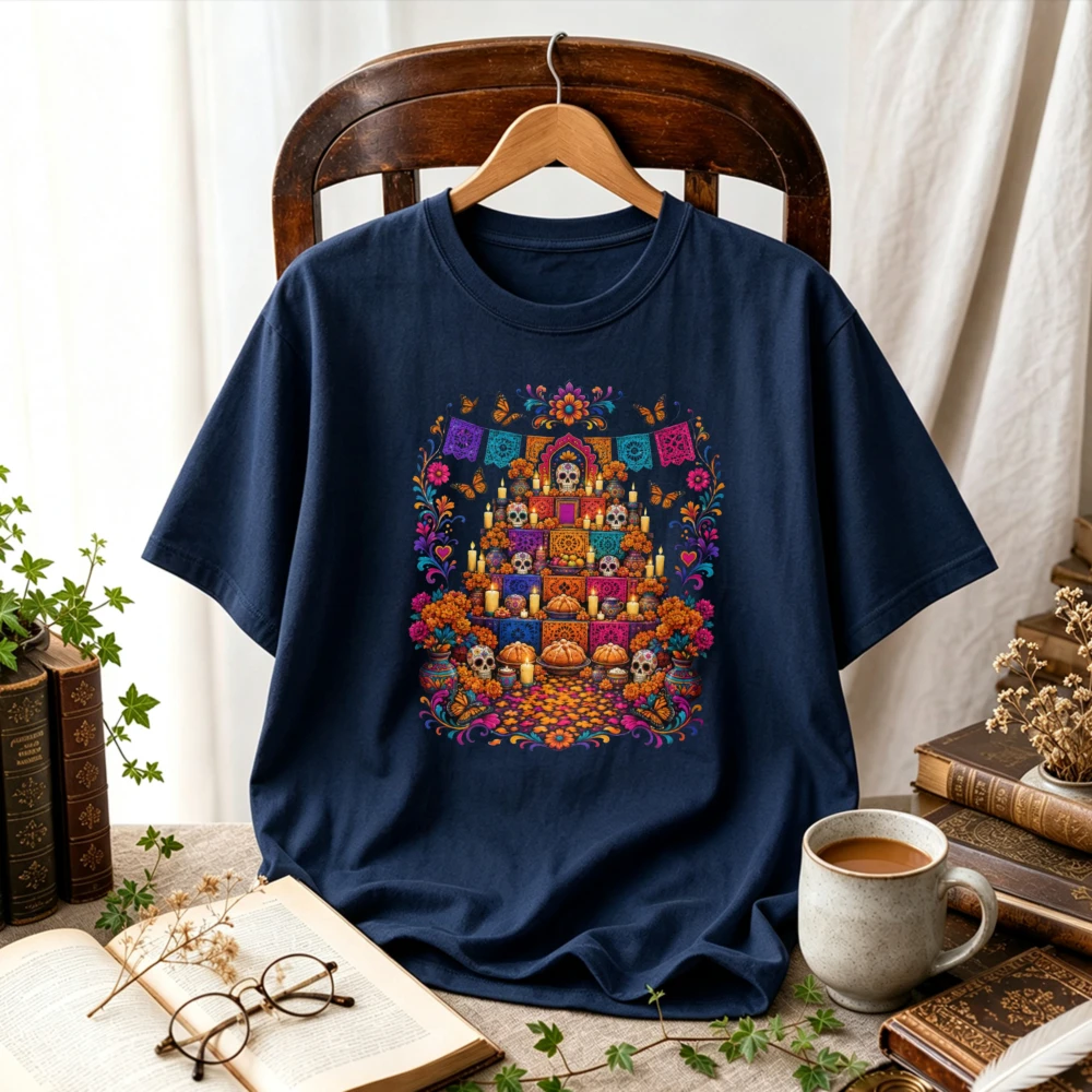 Dia De Los Muertos Altar Ofrenda Sugar Skull Marigold Papel Picado Flag Mexican Folk Art Colorful Floral Print Cotton T‑Shirt