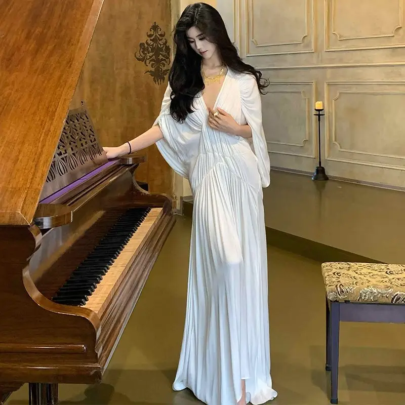 

Birthday White Fairy Skirt Artistic Folded Batwing Sves Vaion Dres Women's V-ne Long Skirt A-line Single Piece