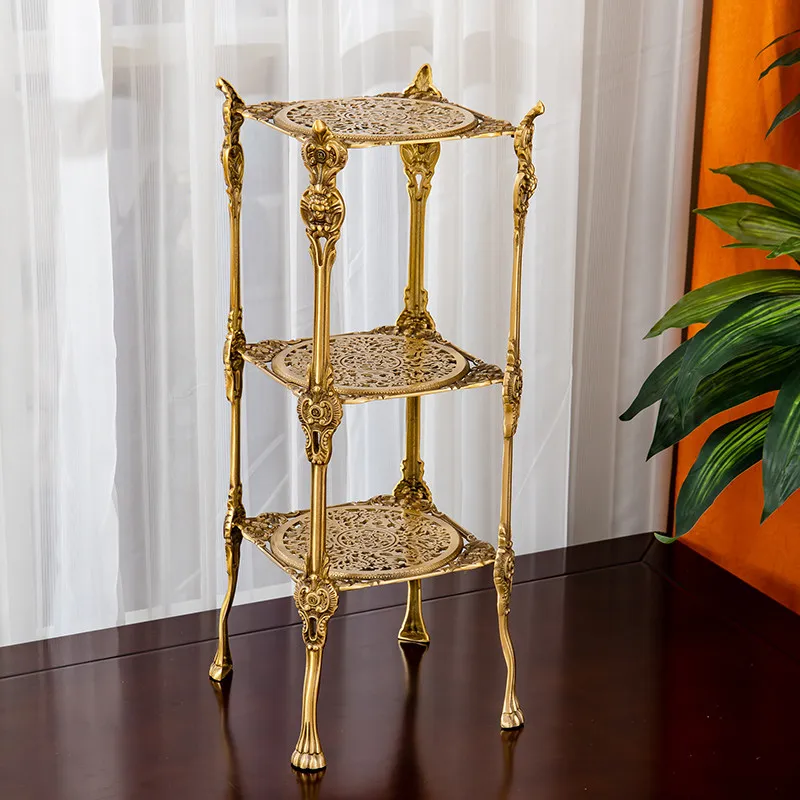 NEW   Retro Carved Shelf, Living Room Side Table, Three-layer Hollow Flower Stand, Light Luxury Storage Rack