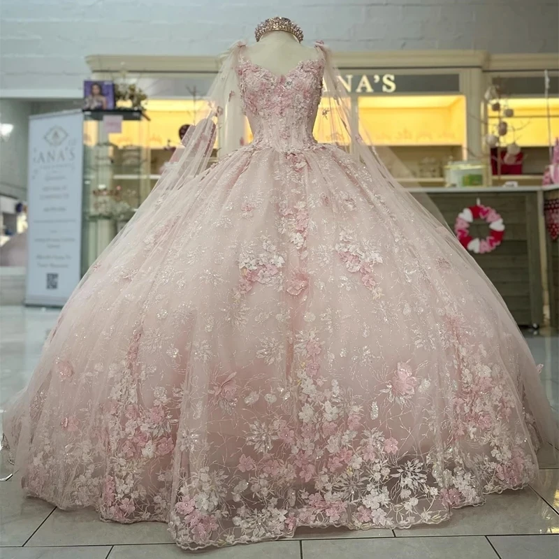 

Розовое бальное платье принцессы в форме сердца, платье Quinceanera с накидкой, аппликациями из бисера, вечерние платья из тюля с 3 цветами, Vestidos De 15 Anos S