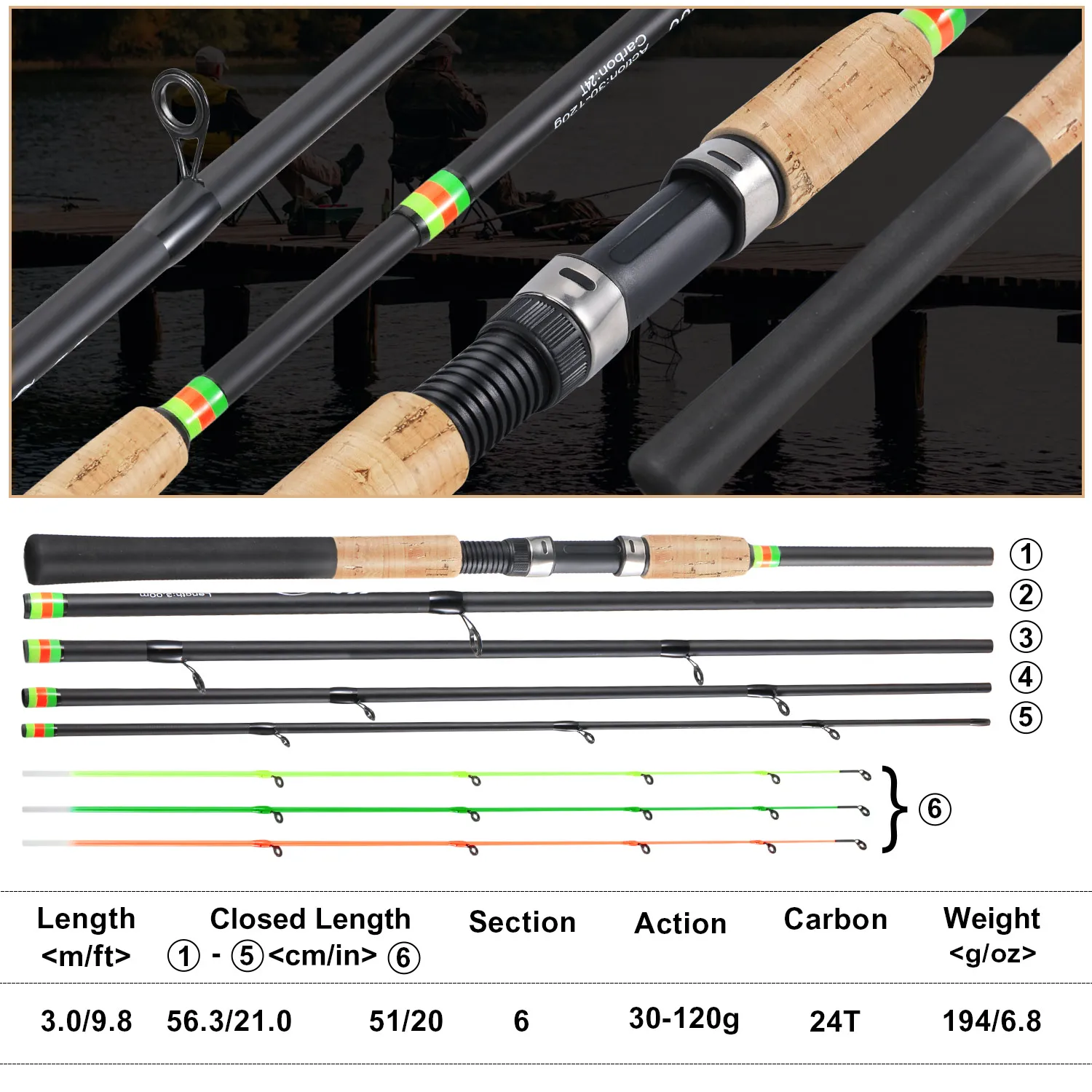 Sougayilang 3M Feeder Fishing Rod Cork Handle Carbon Fibre Spinning Fishing Rods L M H Power 30-120g Lure Weight Carp Pole Pesca