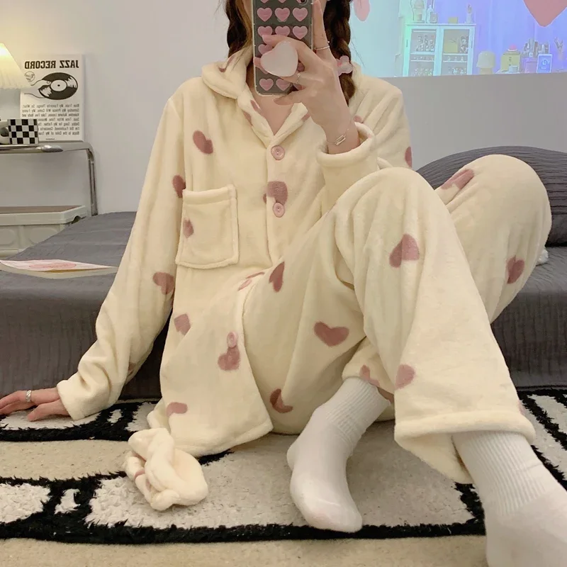 2023 Winter Long Sleeve Print Thick Warm Flannel Pajama Sets For Women Korean Loose Sleepwear Suit Pyjamas Homewear Home Clothes