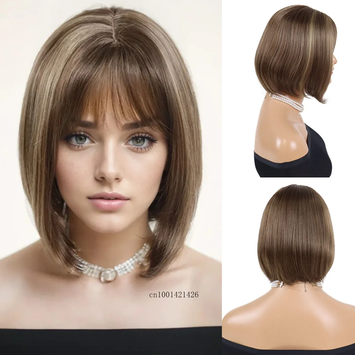 

Brown Wigs for Women Synthetic Hair Short Bob Wig with Bangs Brown Mixed Blonde Highlight Fake Hair Straight Wigs for Daily Wear