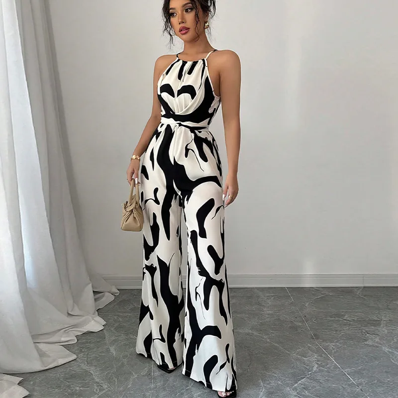 Jumpsuits Women Print One Piece Sleeveless Overalls Wide Leg Long Pants High Waist Rompers Y2k Streetwear Jumpsuit 2025 Party