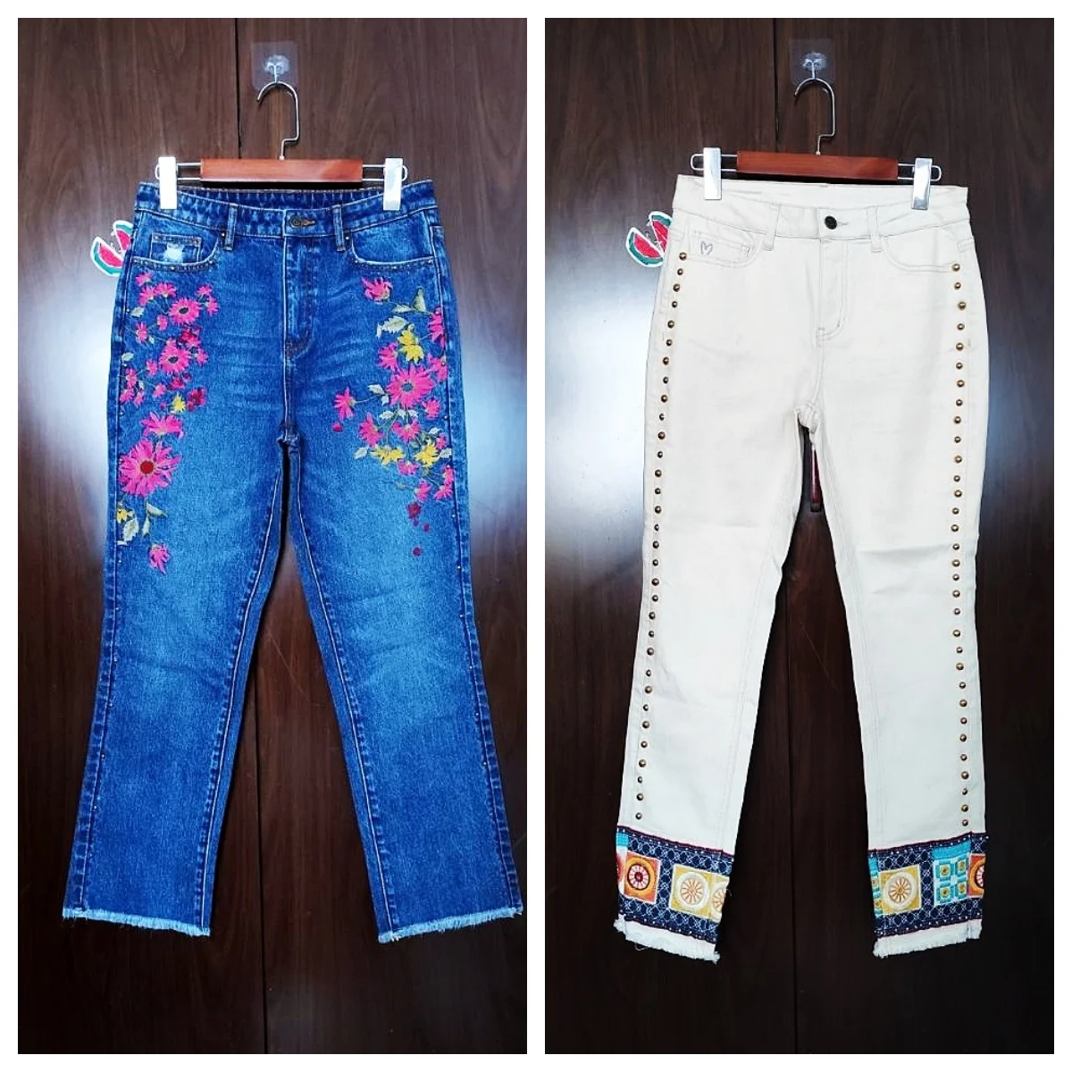 Spanish foreign trade new flower embroidery design fashion slim print jeans for women pants