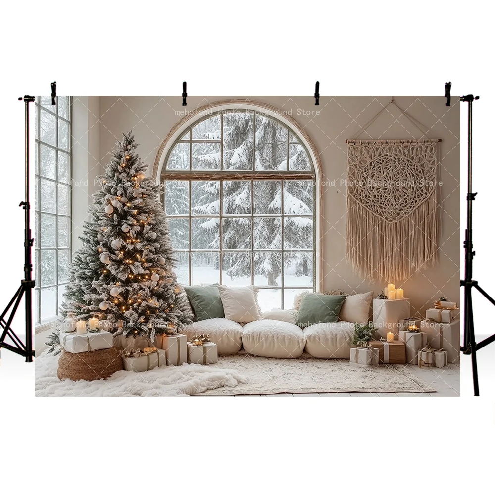 Mehofond Winter Christmas Warm Photography Background Indoor Sofa Christmas Tree Windows Candles Kids Family Photos Studio