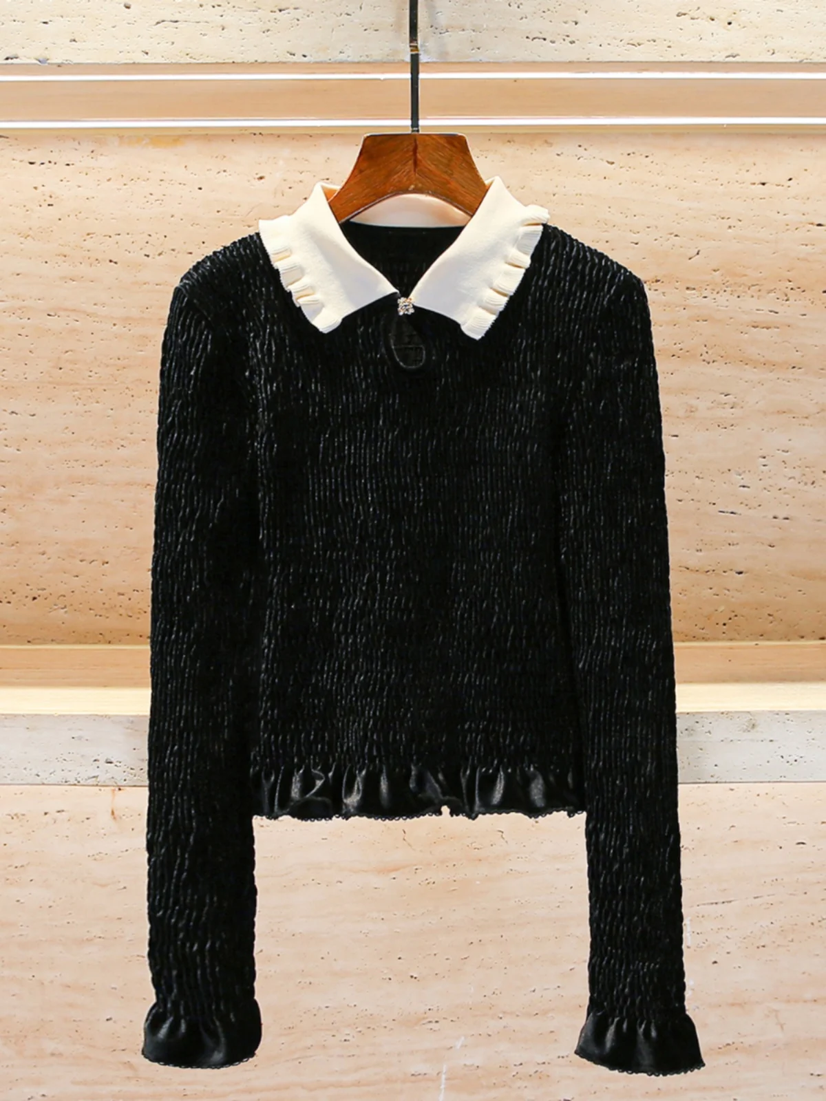 

S Home South Oil High End Women's Velvet irt Spring Summer Autumn Winter Floral Lace Trim Blouse Soft Commute Sle Regular...