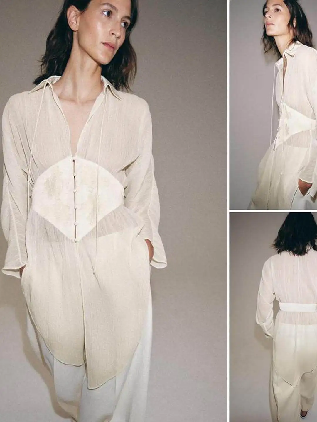 Asymmetric Hem Lace Detail Decorative Collar Semi-Transparent Shirt Casual Style Loose Fit Long Sleeve Women's Cardigan